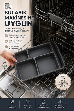 Porsima 6 Adet 5 Bölmeli Plastik Tabldot Piknik Servis Tabağı Antrasit (21x31 cm)