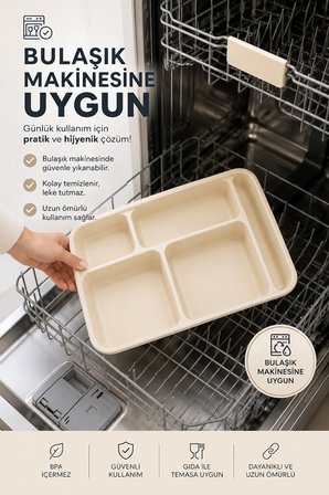 Porsima 6 Adet 5 Bölmeli Plastik Tabldot Piknik Servis Tabağı Krem (21x31 cm)