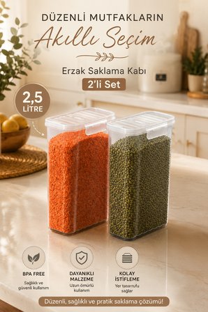 Porsima L-00895-2 2'li Hava Geçirmez Erzak & Deterjan Saklama Kabı Seti 2,5 L Şeffaf