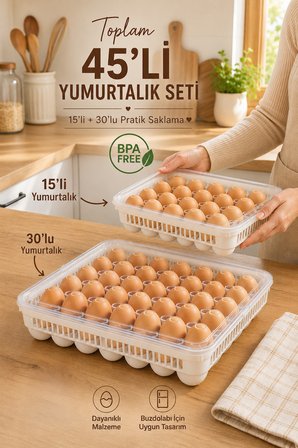 Porsima Peggy 45'li Yumurtalık Seti (15+30) Kapaklı Buzdolabı Organizeri Saklama Kabı