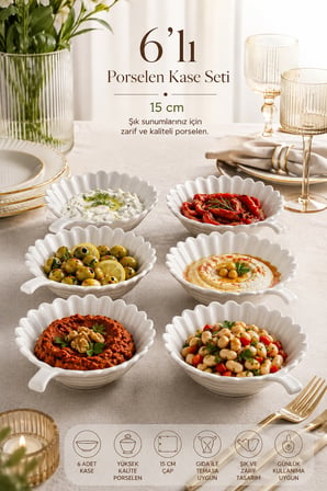 Porsima 6'lı Kulplu Porselen Çerez, Meze, Salata ve Kahvaltılık Servis Kasesi 15 cm - Beyaz