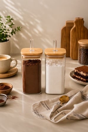 Porsima Cubes 2'li Bambu Kapaklı Borosilikat Cam Yağlık ve Baharatlık Seti 290 ml – 6x10 cm