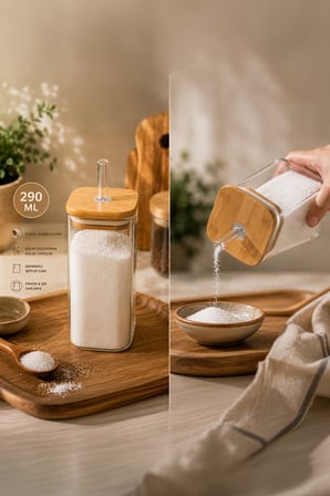 Porsima Cubes 2'li Bambu Kapaklı Borosilikat Cam Yağlık ve Baharatlık Seti 290 ml – 6x10 cm