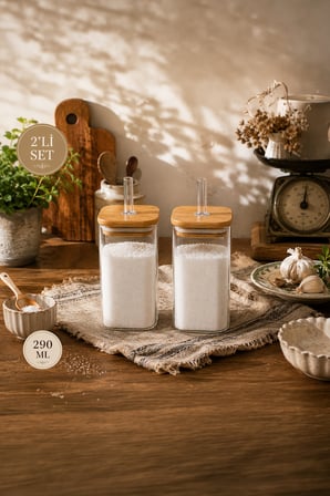 Porsima Cubes 2'li Bambu Kapaklı Borosilikat Cam Yağlık ve Baharatlık Seti 290 ml – 6x10 cm