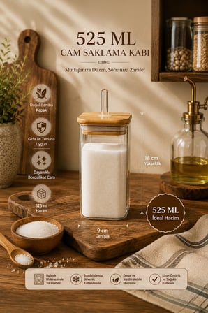 Porsima Cubes 2'li Bambu Kapaklı Borosilikat Cam Yağlık ve Saklama Kabı Seti 525 ml – 9x18 cm