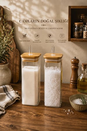 Porsima Cubes 2'li Bambu Kapaklı Borosilikat Cam Yağlık ve Saklama Kabı Seti 525 ml – 9x18 cm