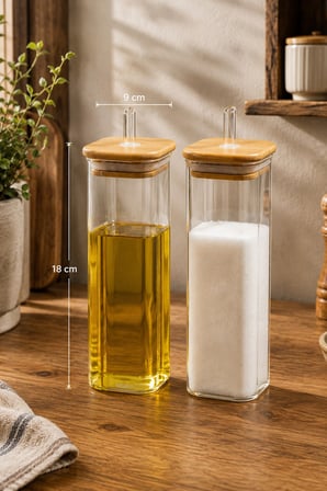 Porsima Cubes 2'li Bambu Kapaklı Borosilikat Cam Yağlık ve Saklama Kabı Seti 525 ml – 9x18 cm