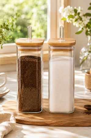 Porsima Cubes 2'li Bambu Kapaklı Borosilikat Cam Yağlık ve Saklama Kabı Seti 525 ml – 9x18 cm