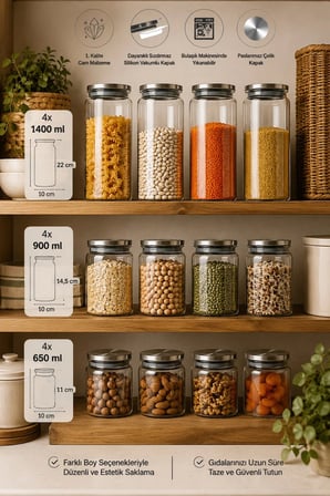 Porsima 12'li Bambu Kapak Cam Kavanoz Seti (2100 ml 1650 ml 1300 ml 750 ml)