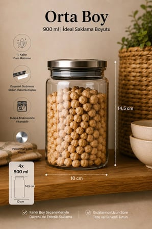 Porsima 12'li Bambu Kapak Cam Kavanoz Seti (2100 ml 1650 ml 1300 ml 750 ml)