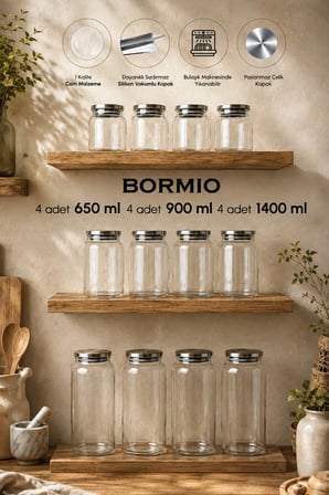 Porsima 12'li Bambu Kapak Cam Kavanoz Seti (2100 ml 1650 ml 1300 ml 750 ml)