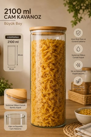 Porsima 12'li Bambu Kapak Cam Kavanoz Seti (2100 ml 1650 ml 1300 ml 750 ml)