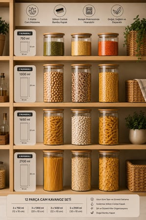 Porsima 12'li Bambu Kapak Cam Kavanoz Seti (2100 ml 1650 ml 1300 ml 750 ml)