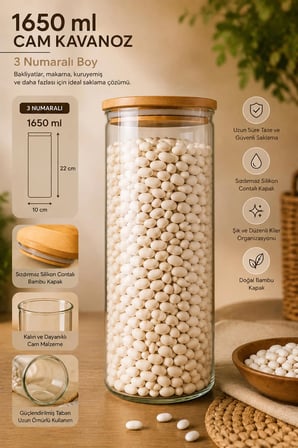Porsima 12'li Bambu Kapak Cam Kavanoz Seti (2100 ml 1650 ml 1300 ml 750 ml)