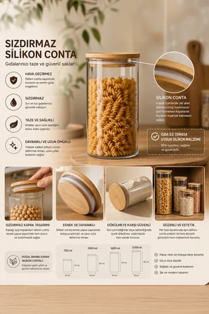 Porsima 12'li Bambu Kapak Cam Kavanoz Seti (2100 ml 1650 ml 1300 ml 750 ml)