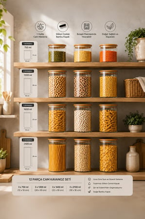 Porsima 12'li Bambu Kapak Cam Kavanoz Seti (2100 ml 1650 ml 1300 ml 750 ml)