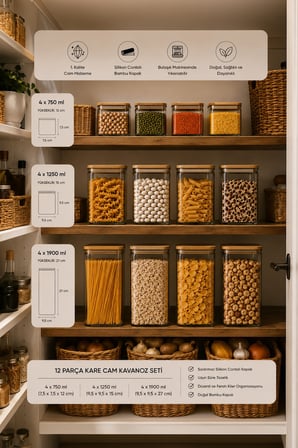 Porsima 12'li Kare Bambu Ahşap Kapaklı Cam Kavanoz Seti (1900 ml + 1250 ml + 750 ml)