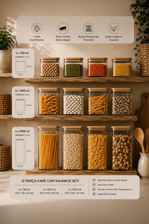 Porsima 12'li Kare Bambu Ahşap Kapaklı Cam Kavanoz Seti (1900 ml + 1250 ml + 750 ml)