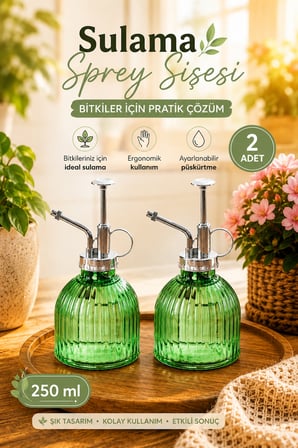 Porsima 15731 2'li Cam Sprey Şişe Seti 250 ml - Yeşil Bitki Püskürtücü & Sprey Yağdanlık