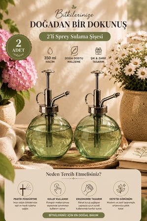 Porsima 15729 2'li Cam Sprey Şişe Seti 350 ml - Yeşil Bitki Püskürtücü & Sprey Yağdanlık
