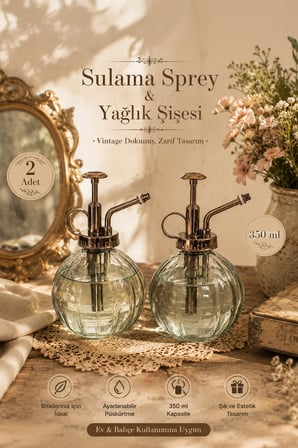 Porsima 15729 2'li Cam Sprey Şişe Seti 350 ml - Yeşil Bitki Püskürtücü & Sprey Yağdanlık