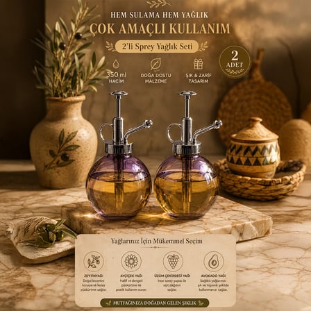 Porsima 15729 2'li Cam Sprey Şişe Seti 350 ml - Mor Bitki Püskürtücü & Sprey Yağdanlık