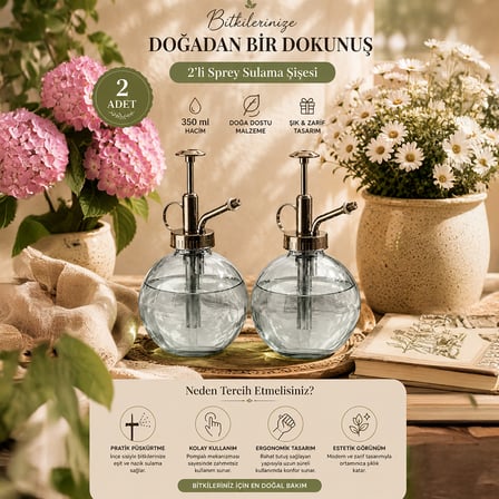 Porsima 15729 2'li Cam Sprey Şişe Seti 350 ml - Gri Bitki Püskürtücü & Sprey Yağdanlık