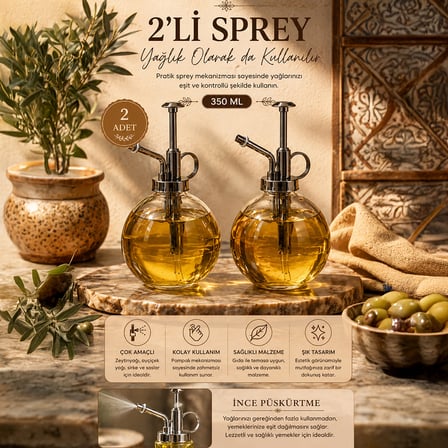 Porsima 15729 2'li Cam Sprey Şişe Seti 350 ml - Gri Bitki Püskürtücü & Sprey Yağdanlık