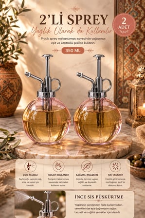 Porsima 15729 2'li Cam Sprey Şişe Seti 350 ml - Pembe Bitki Püskürtücü & Sprey Yağdanlık