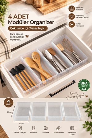 Porsima 0383 Modüler 4'lü Çekmece İçi Organizer Seti 30x15 cm - Şeffaf Kaşıklık & Ofis Kutusu