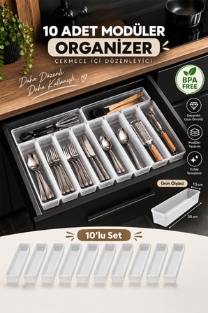 Porsima 0382 Modüler 10'lu Çekmece İçi Organizer Seti 30x7.5 cm - Çatal Bıçak & Ev Düzenleyici