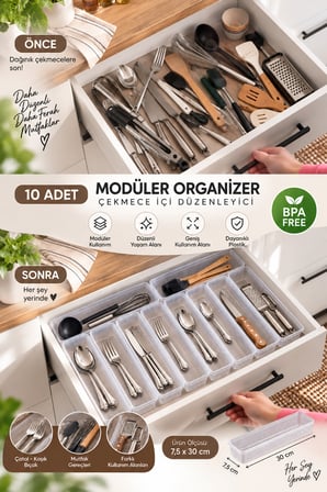 Porsima 0382 Modüler 10'lu Çekmece İçi Organizer Seti 30x7.5 cm - Çatal Bıçak & Ev Düzenleyici