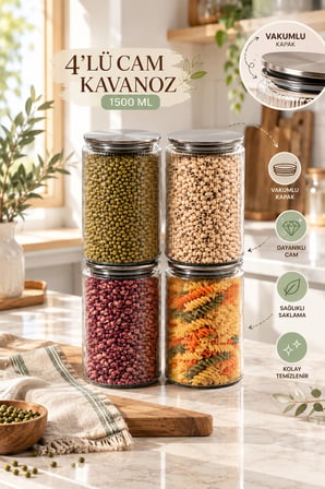 Porsima S-2087 1500 ml 4'lü Vakum Kapaklı Çizgili Cam Kavanoz - Mutfak Kiler Erzak Kabı Seti