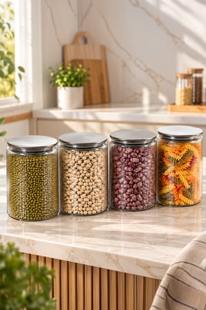Porsima S-2087 1500 ml 4'lü Vakum Kapaklı Çizgili Cam Kavanoz - Mutfak Kiler Erzak Kabı Seti