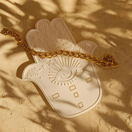  El Yapımı Hamsa El Figürü – 20x15 cm Dekoratif Beton Tabak / Takı ve Aksesuar Düzenleyici