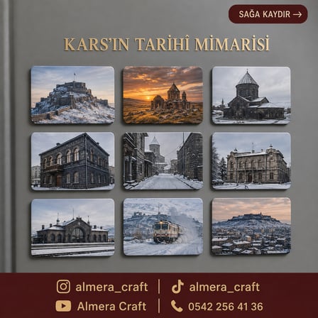 Kars Magnet Koleksiyonu 9’lu Set 6x9 cm Tarihî ve Doğal Manzara Buzdolabı Magneti