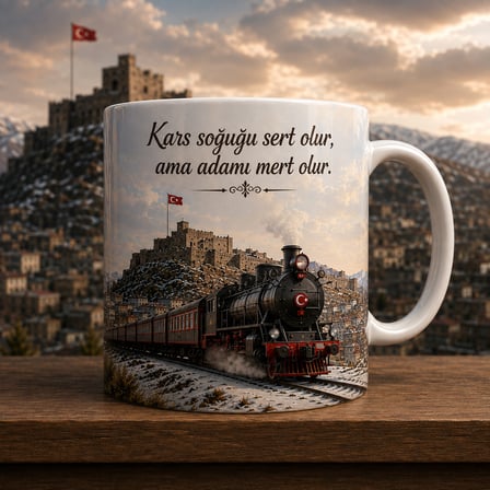 Kars Kalesi ve Tren Tasarımlı Porselen Kupa Bardak Kars Temalı Hediyelik 300 ml