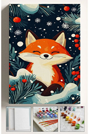 Sayılarla Boyama Çerçeveli Hobi Seti Numaralı Tuval Fırça Boya Dahil Kasnaklı KAR VE TİLKİ 40X50 Cm