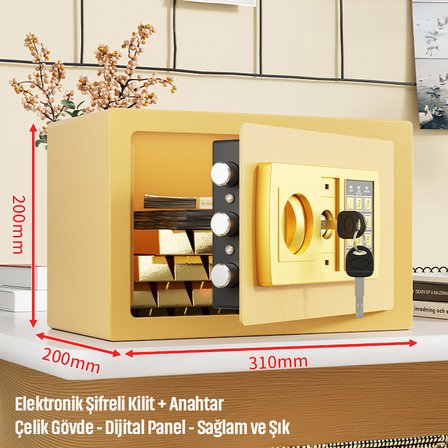 20'lik Elektronik Şifreli ve Anahtarlı Çelik Para Kasası – Dijital Panelli, 31 × 20 × 20 cm