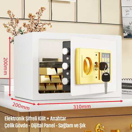 20'lik Elektronik Şifreli ve Anahtarlı Çelik Para Kasası – Dijital Panelli, 31 × 20 × 20 cm