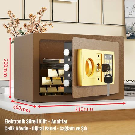 20'lik Elektronik Şifreli ve Anahtarlı Çelik Para Kasası – Dijital Panelli, 31 × 20 × 20 cm