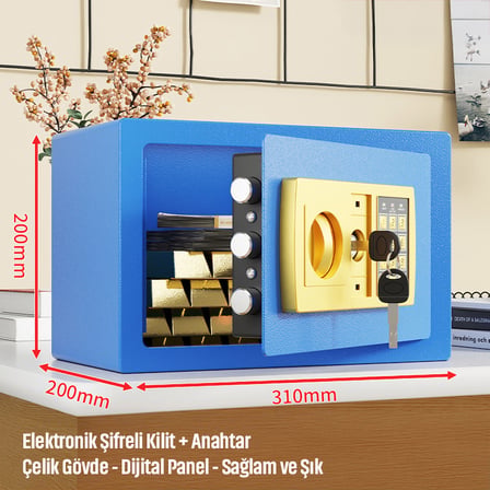 20'lik Elektronik Şifreli ve Anahtarlı Çelik Para Kasası – Dijital Panelli, 31 × 20 × 20 cm