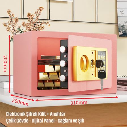 20'lik Elektronik Şifreli ve Anahtarlı Çelik Para Kasası – Dijital Panelli, 31 × 20 × 20 cm Pembe