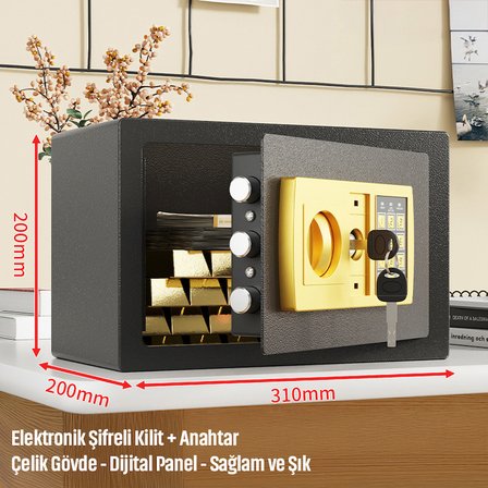 20'lik Elektronik Şifreli ve Anahtarlı Çelik Para Kasası – Dijital Panelli, 31 × 20 × 20 cm