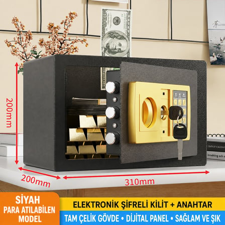 Para Atma Hazneli Elektronik Şifreli ve Anahtarlı Çelik Para Kasası – Dijital Panelli, 31 × 20 × 20 cm