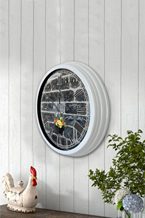 40 Cm Beyaz Metal Taş Yapı Duvar Saati