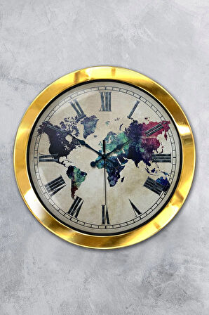 36 Cm Gold Metal Dünya Haritası Duvar Saati