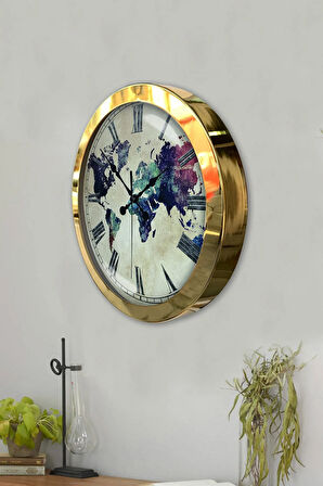 36 Cm Gold Metal Dünya Haritası Duvar Saati