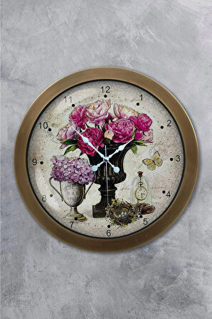 36 cm Eskitme Metal Pembe Çiçek Duvar Saati