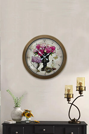 36 cm Eskitme Metal Pembe Çiçek Duvar Saati